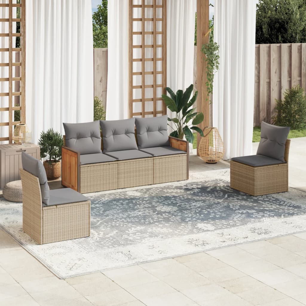 Set Divano da Giardino 5 pz con Cuscini Beige in Polyrattan - homemem39