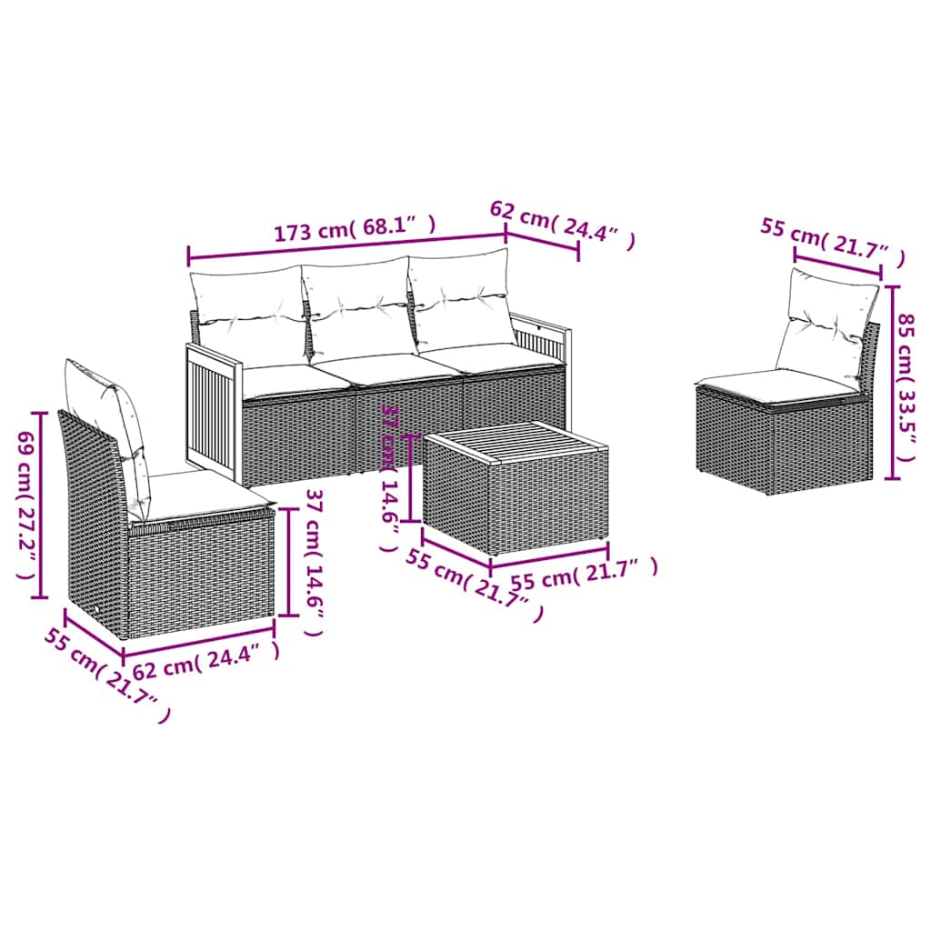 Set Divano da Giardino 6 pz con Cuscini Nero in Polyrattan | homemem39