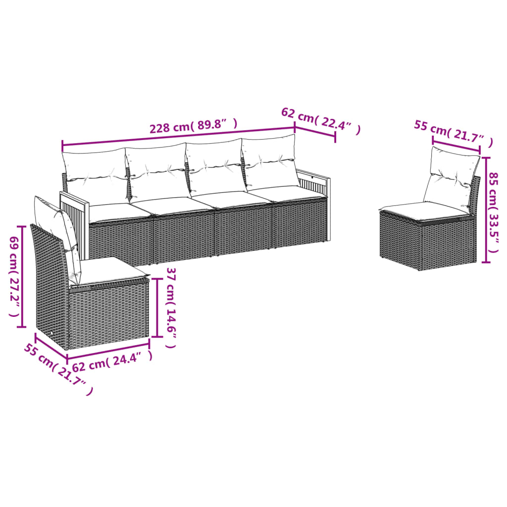 Set Divano da Giardino 6 pz con Cuscini Nero in Polyrattan | homemem39