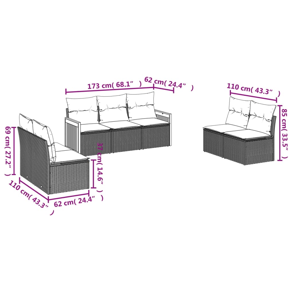 Set Divani da Giardino 7 pz con Cuscini Grigio in Polyrattan | homemem39