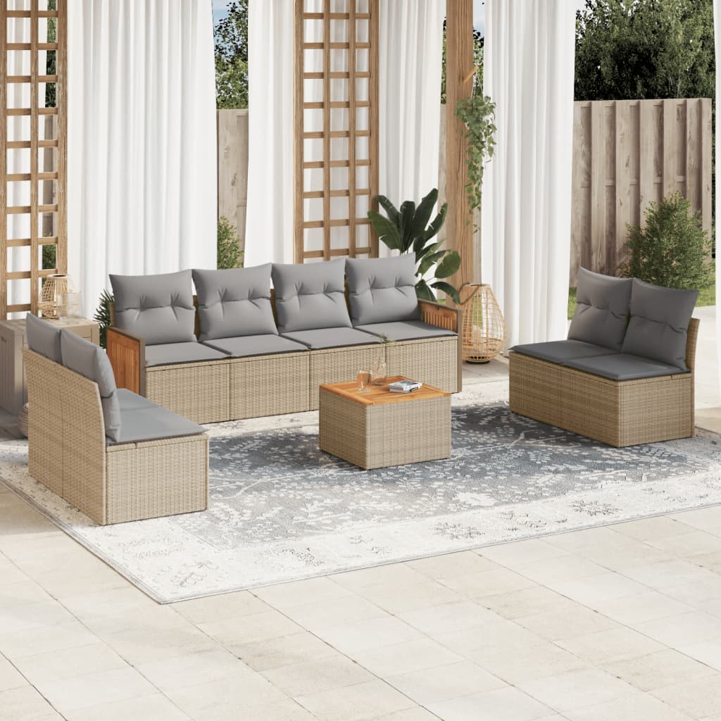 Set Divano da Giardino 9 pz con Cuscini Beige in Polyrattan - homemem39