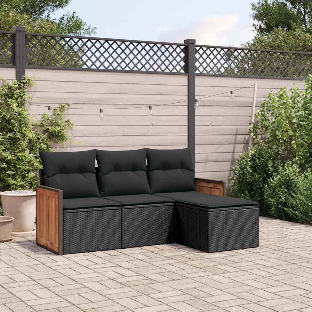 Set Divani da Giardino 4 pz con Cuscini Nero in Polyrattan | homemem39
