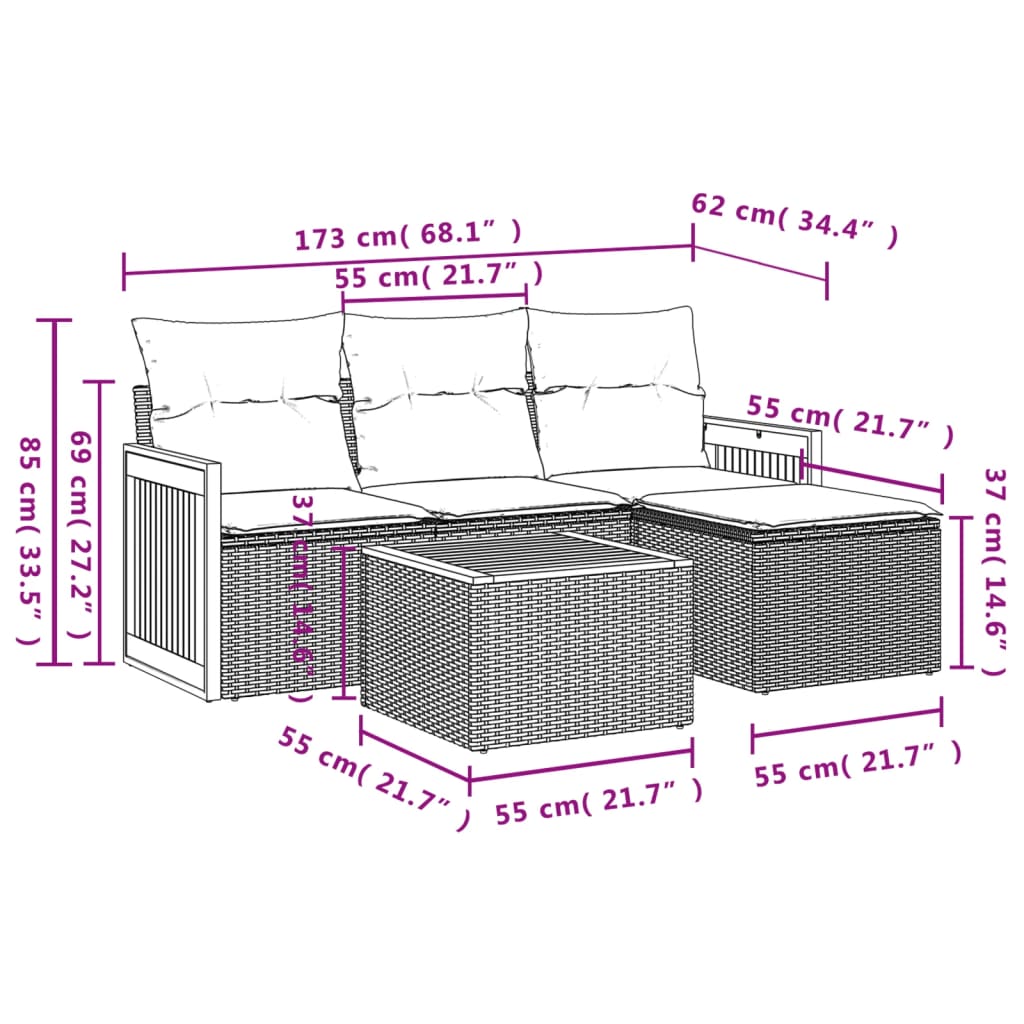 Set Divano da Giardino 5 pz con Cuscini Grigio in Polyrattan - homemem39