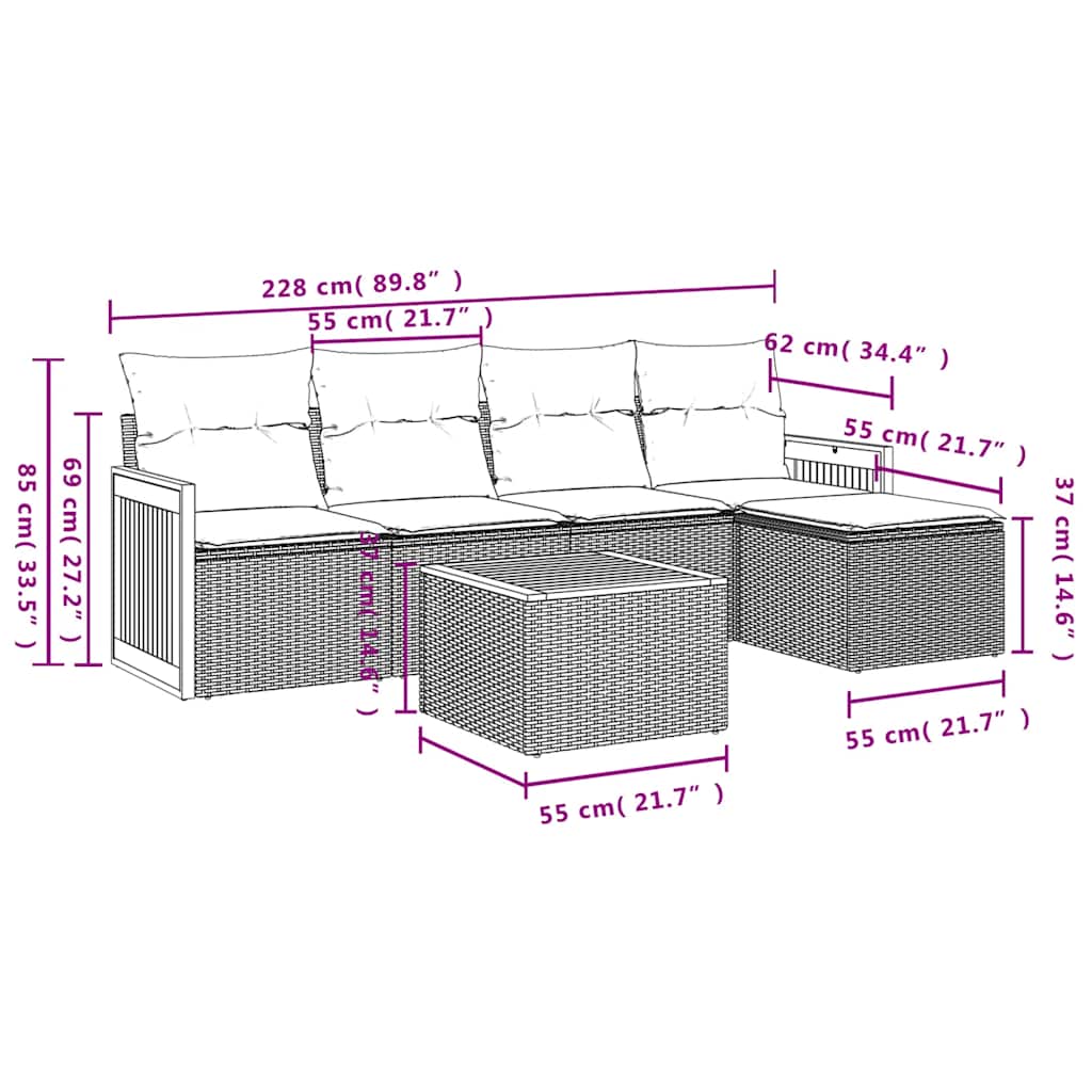 Set Divano da Giardino 6 pz con Cuscini Nero in Polyrattan | homemem39