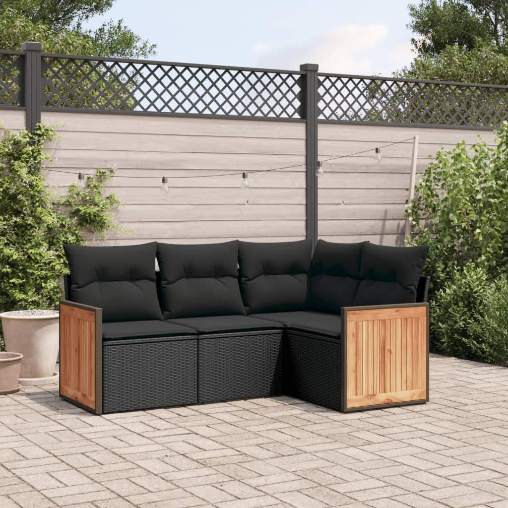 Set Divani da Giardino 4 pz con Cuscini Nero in Polyrattan | homemem39