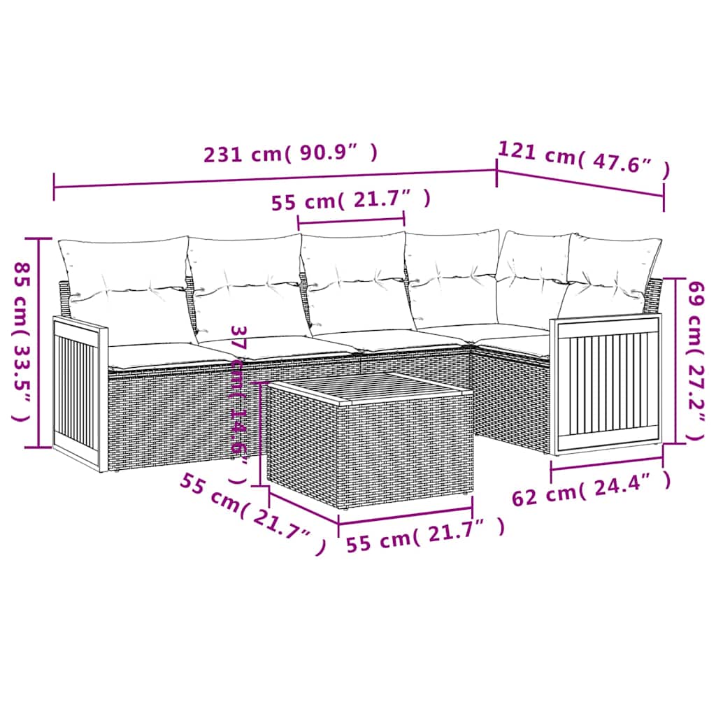 Set Divano da Giardino 6 pz con Cuscini Nero in Polyrattan | homemem39