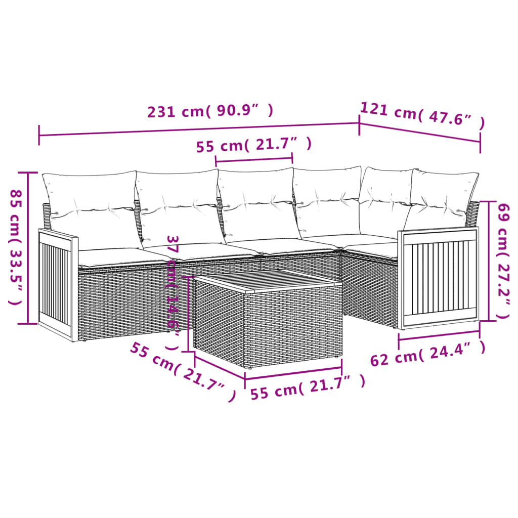 Set Divano da Giardino 6 pz con Cuscini Nero in Polyrattan | homemem39