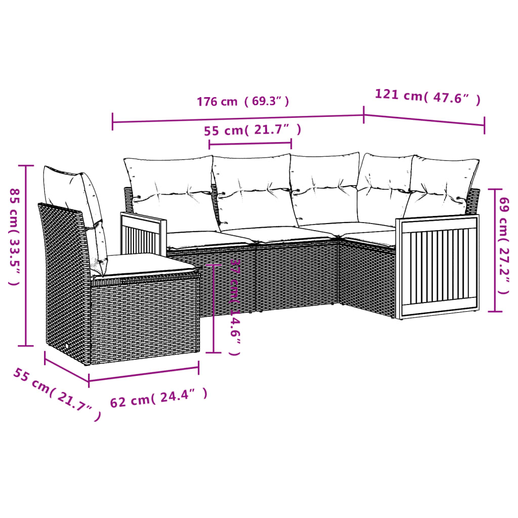 Set Divani da Giardino 5 pz con Cuscini in Polyrattan Nero | homemem39