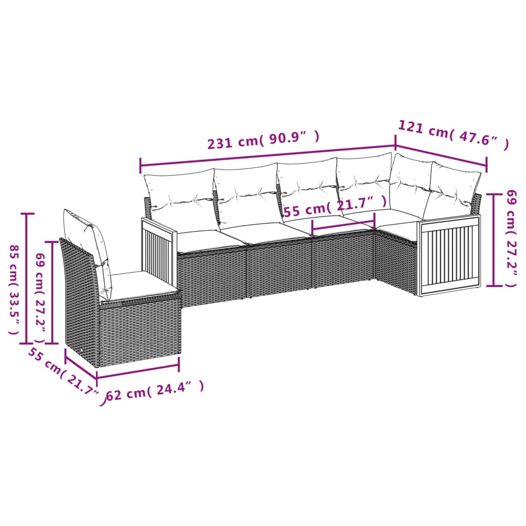 Set Divano da Giardino 6 pz con Cuscini Beige in Polyrattan | homemem39