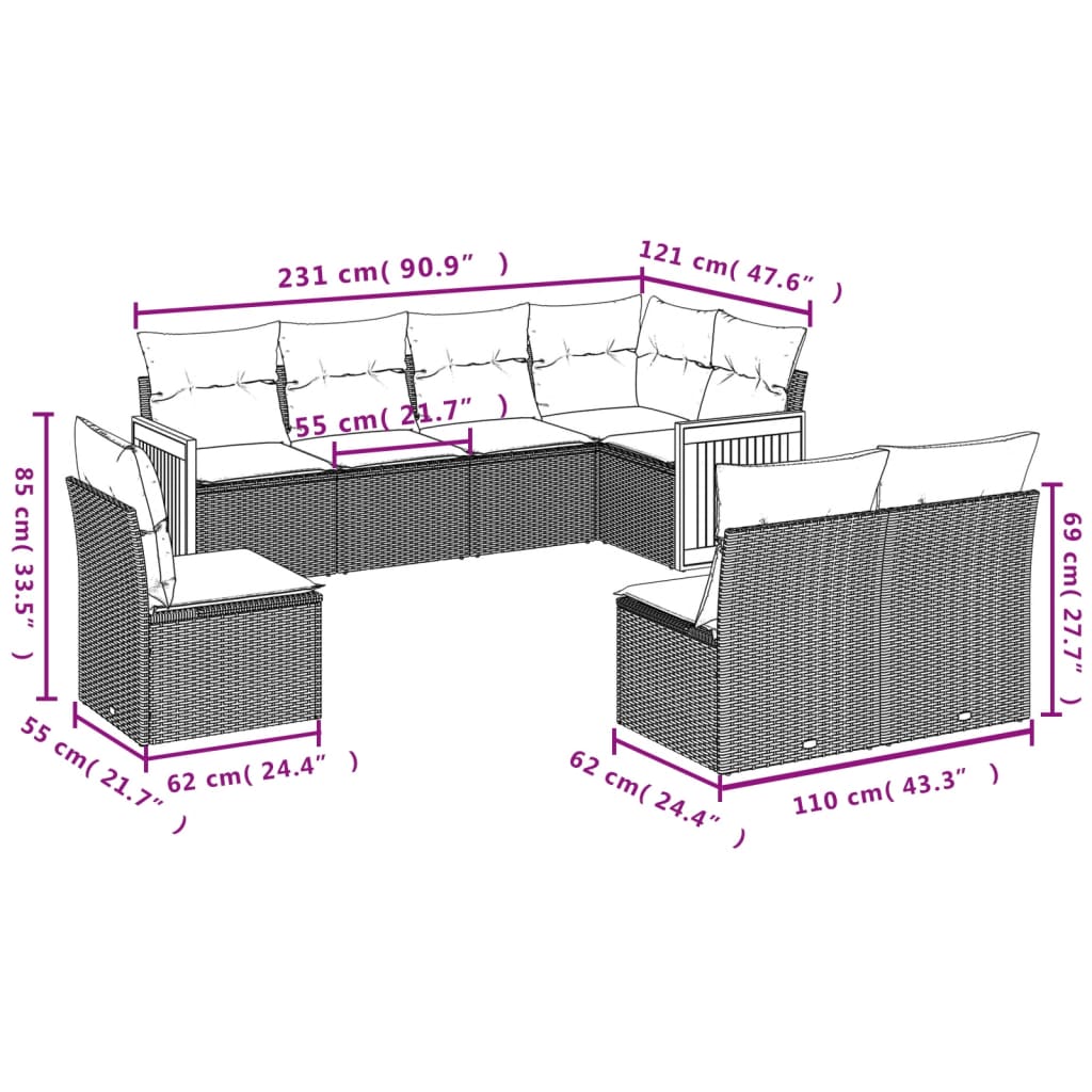 Set Divano da Giardino 8 pz con Cuscini Grigio in Polyrattan | homemem39