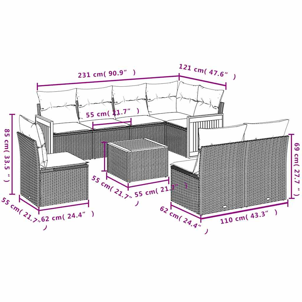 Set Divani da Giardino 9 pz con Cuscini Nero in Polyrattan | homemem39