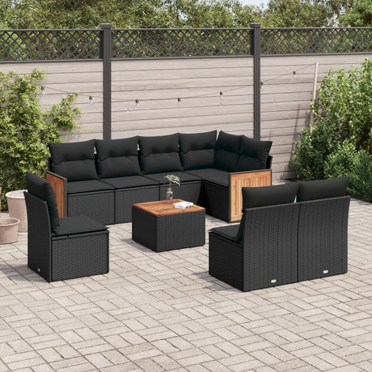 Set Divani da Giardino 9 pz con Cuscini Nero in Polyrattan - homemem39