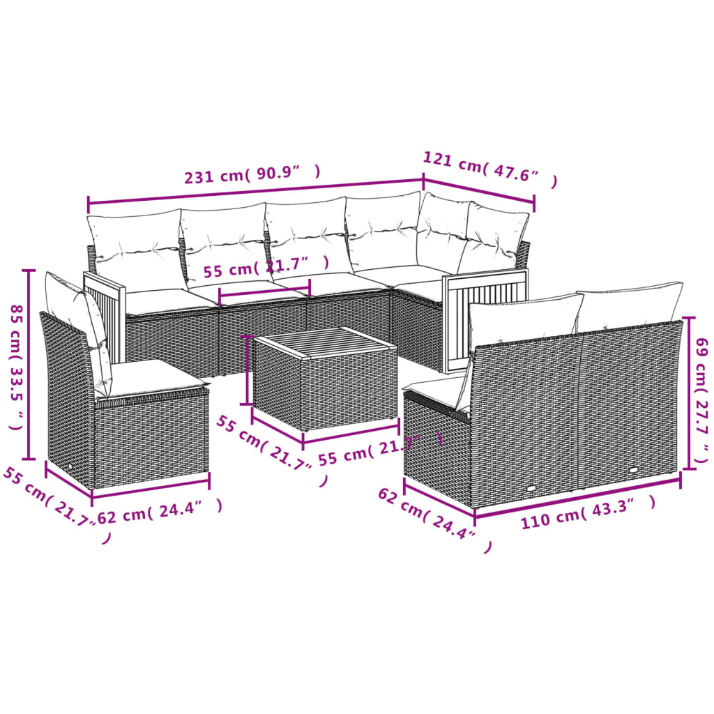 Set Divano da Giardino 9 pz con Cuscini Beige in Polyrattan | homemem39