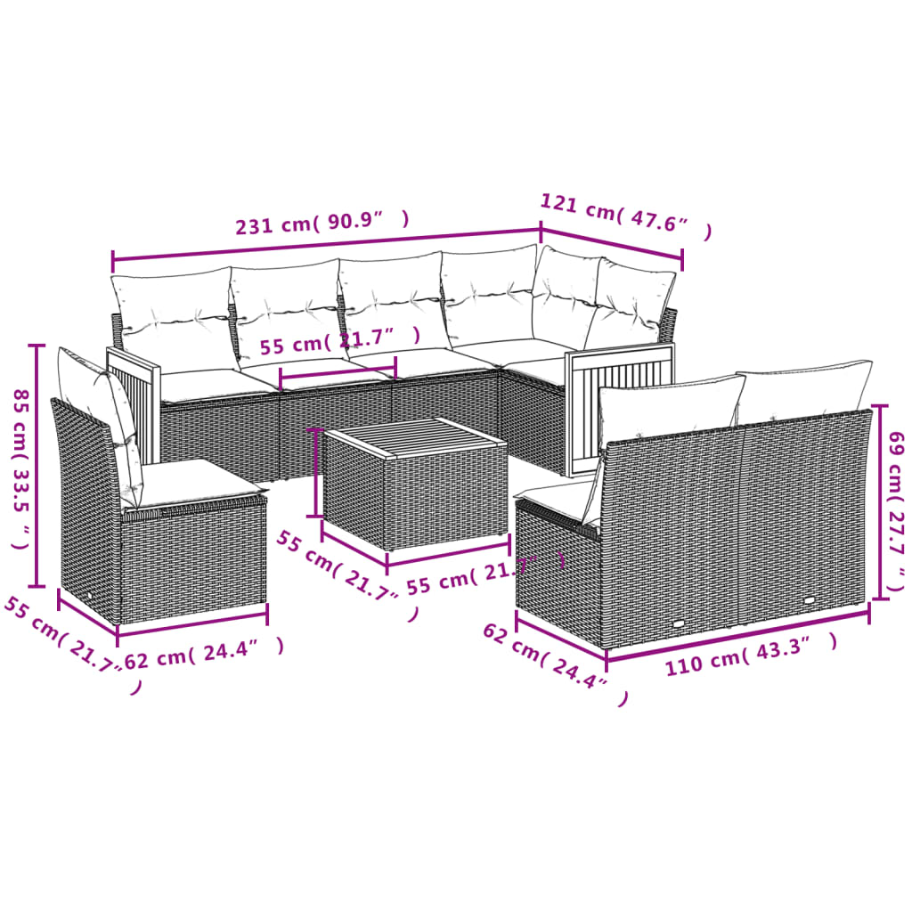 Set Divano da Giardino 9 pz con Cuscini Grigio in Polyrattan | homemem39