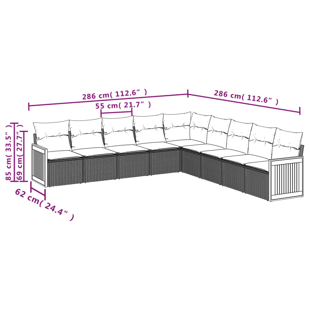 Set Divani da Giardino 9 pz con Cuscini Nero in Polyrattan | homemem39