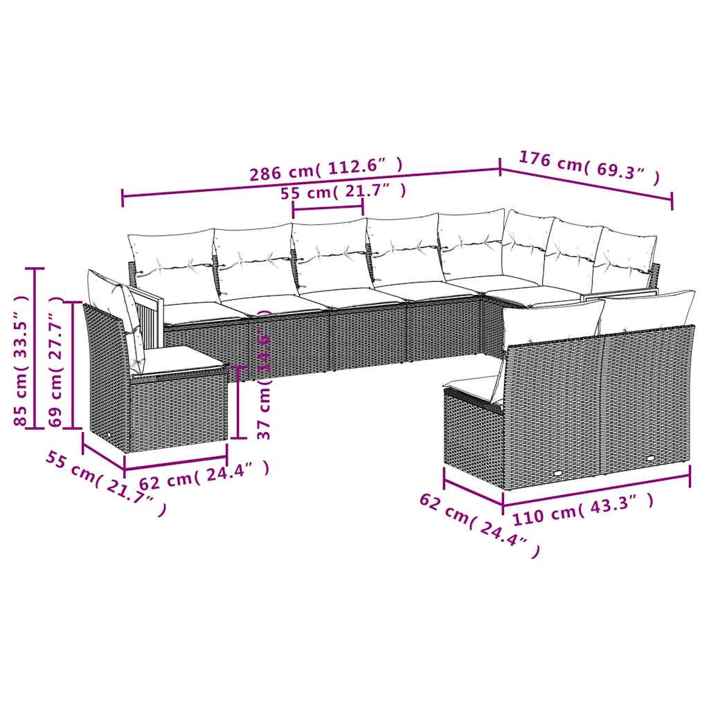 Set Divani da Giardino 10pz con Cuscini in Polyrattan Nero | homemem39