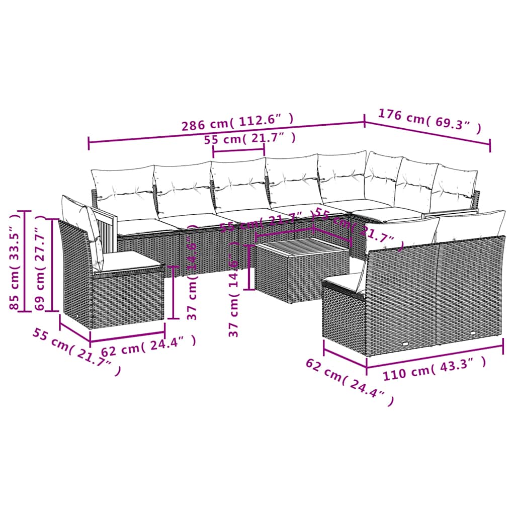 Set Divani da Giardino 11 pz con Cuscini in Polyrattan Nero | homemem39
