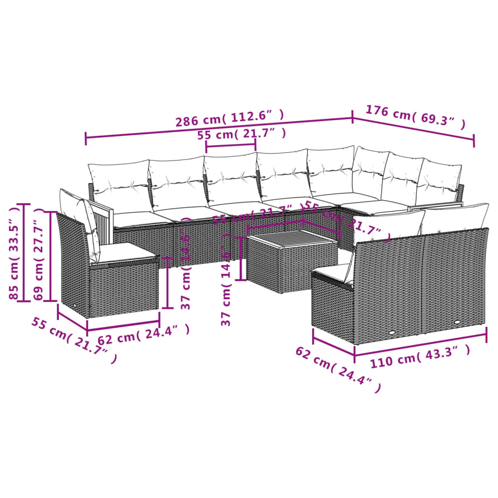 Set Divani da Giardino 11 pz con Cuscini in Polyrattan Nero | homemem39