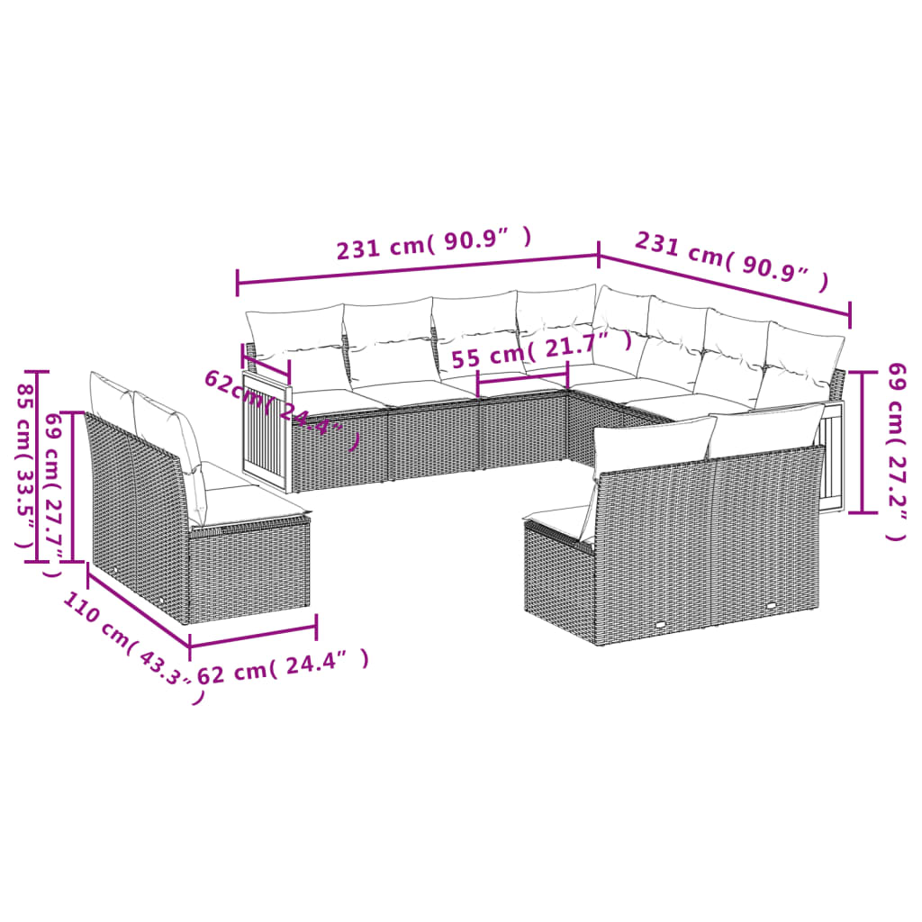 Set Divani da Giardino 11 pz con Cuscini in Polyrattan Nero | homemem39