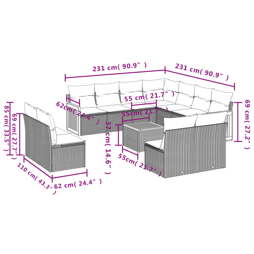 Set Divani da Giardino 12 pz con Cuscini Beige in Polyrattan | homemem39