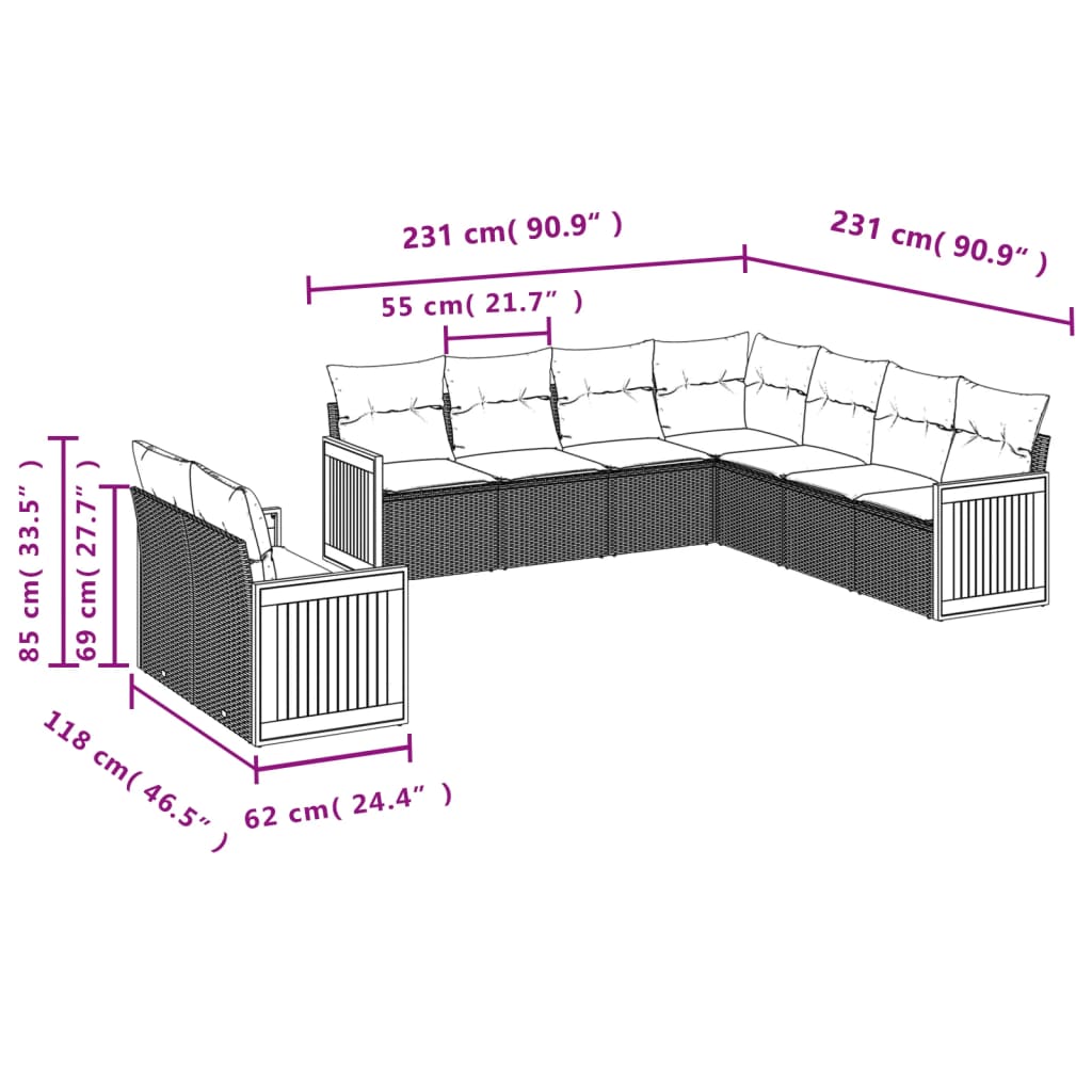 Set Divani da Giardino 9 pz con Cuscini Nero in Polyrattan | homemem39