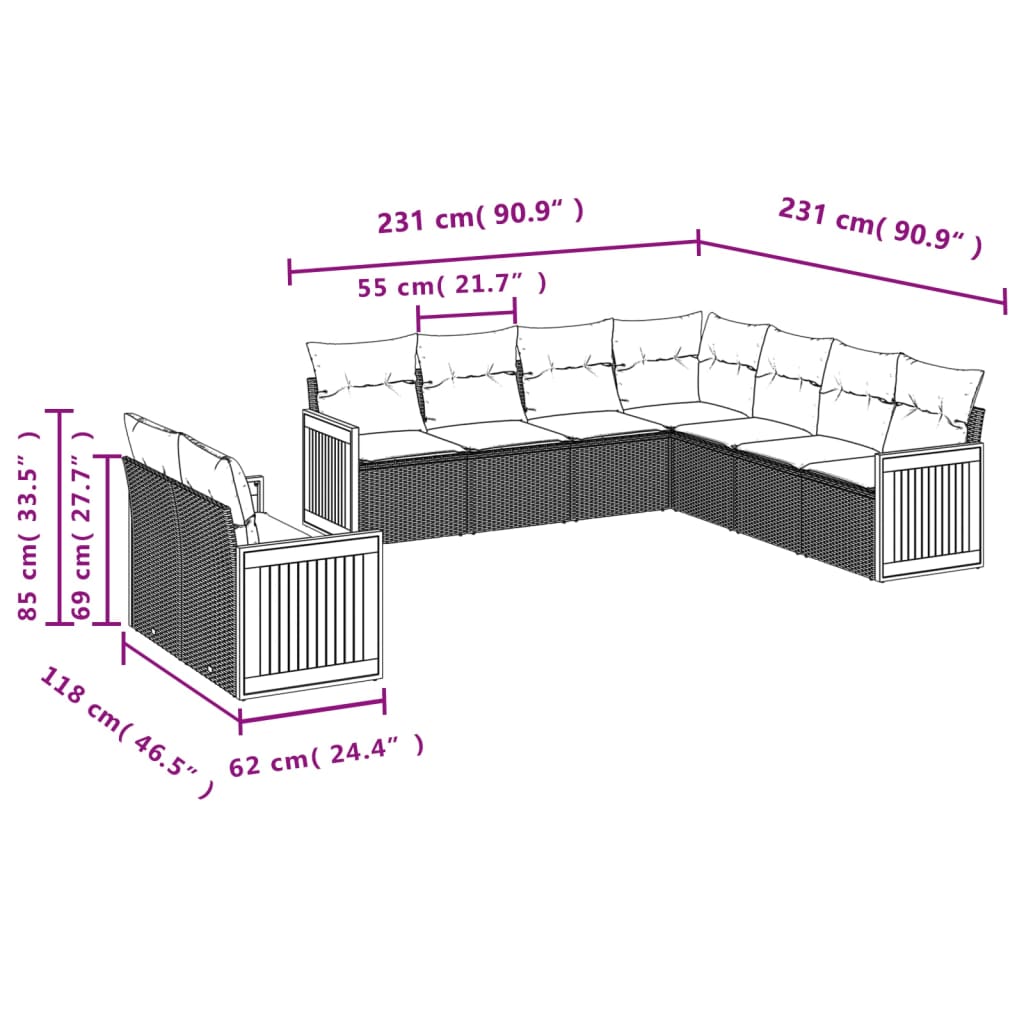 Set Divano da Giardino 9 pz con Cuscini Beige in Polyrattan | homemem39