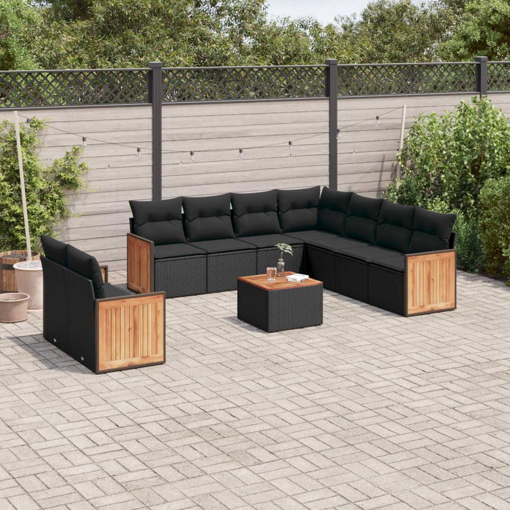 Set Divani da Giardino 10pz con Cuscini in Polyrattan Nero | homemem39