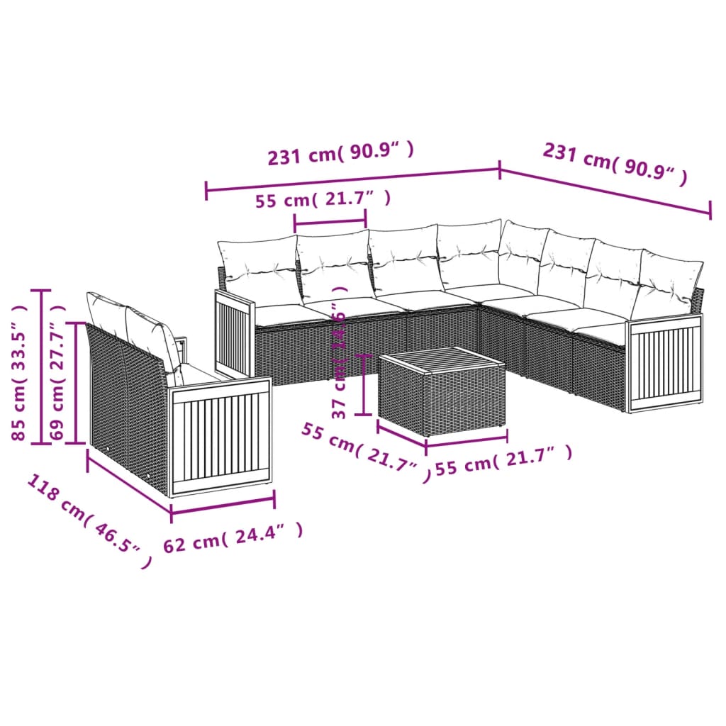 Set Divani da Giardino 10pz con Cuscini in Polyrattan Nero | homemem39
