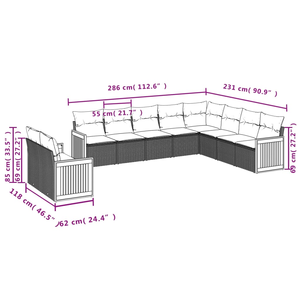 Set Divano da Giardino 10 pz con Cuscini Grigio in Polyrattan | homemem39