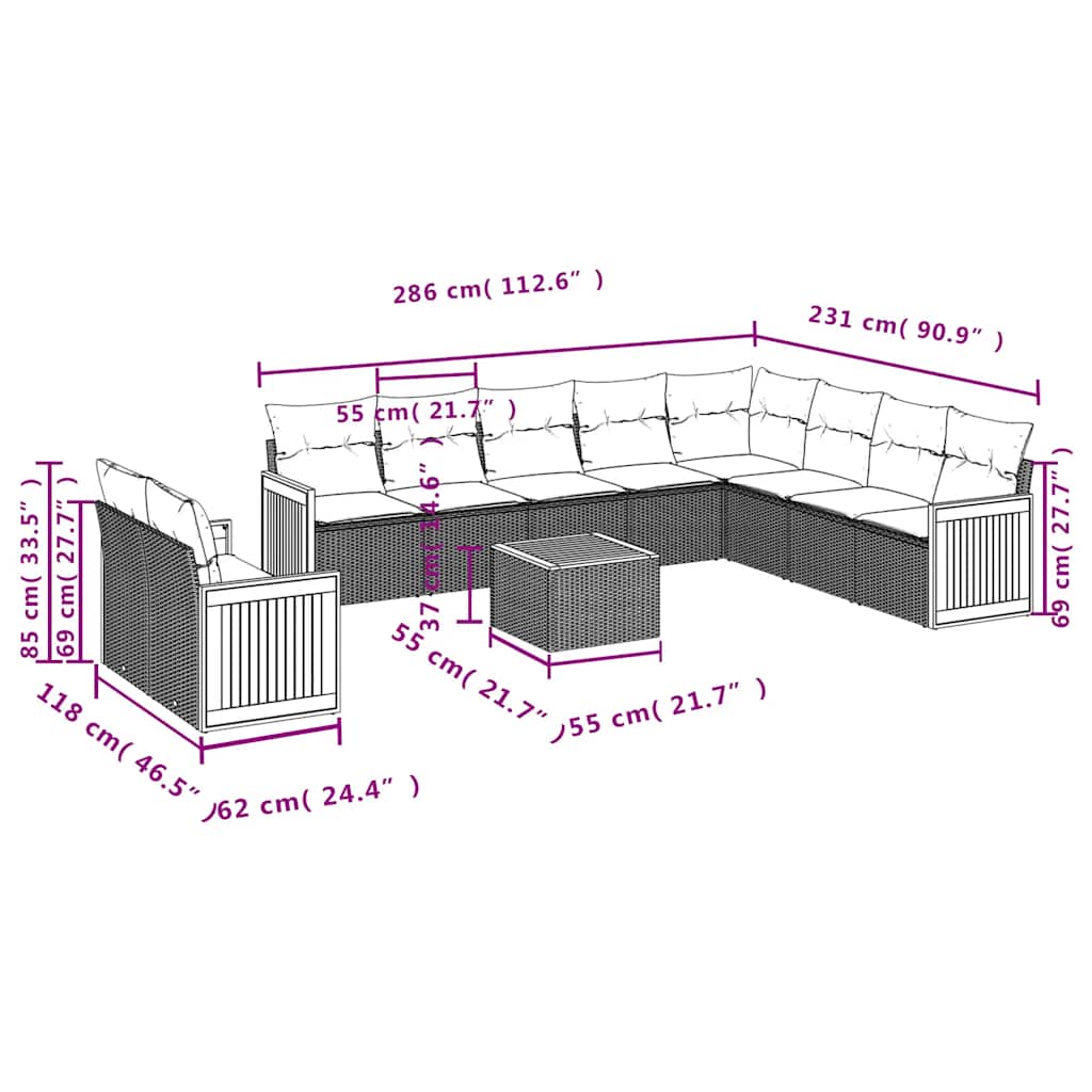 Set Divani da Giardino 11 pz con Cuscini in Polyrattan Nero | homemem39