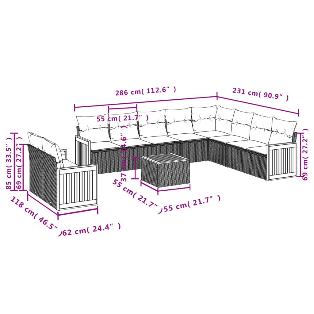 Set Divani da Giardino 11 pz con Cuscini in Polyrattan Grigio | homemem39
