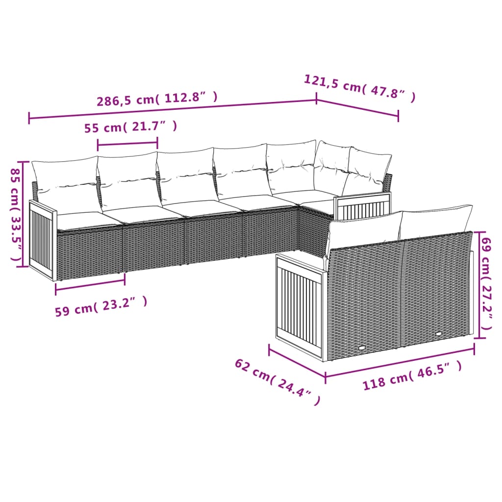 Set Divano da Giardino 8 pz con Cuscini Beige in Polyrattan | homemem39