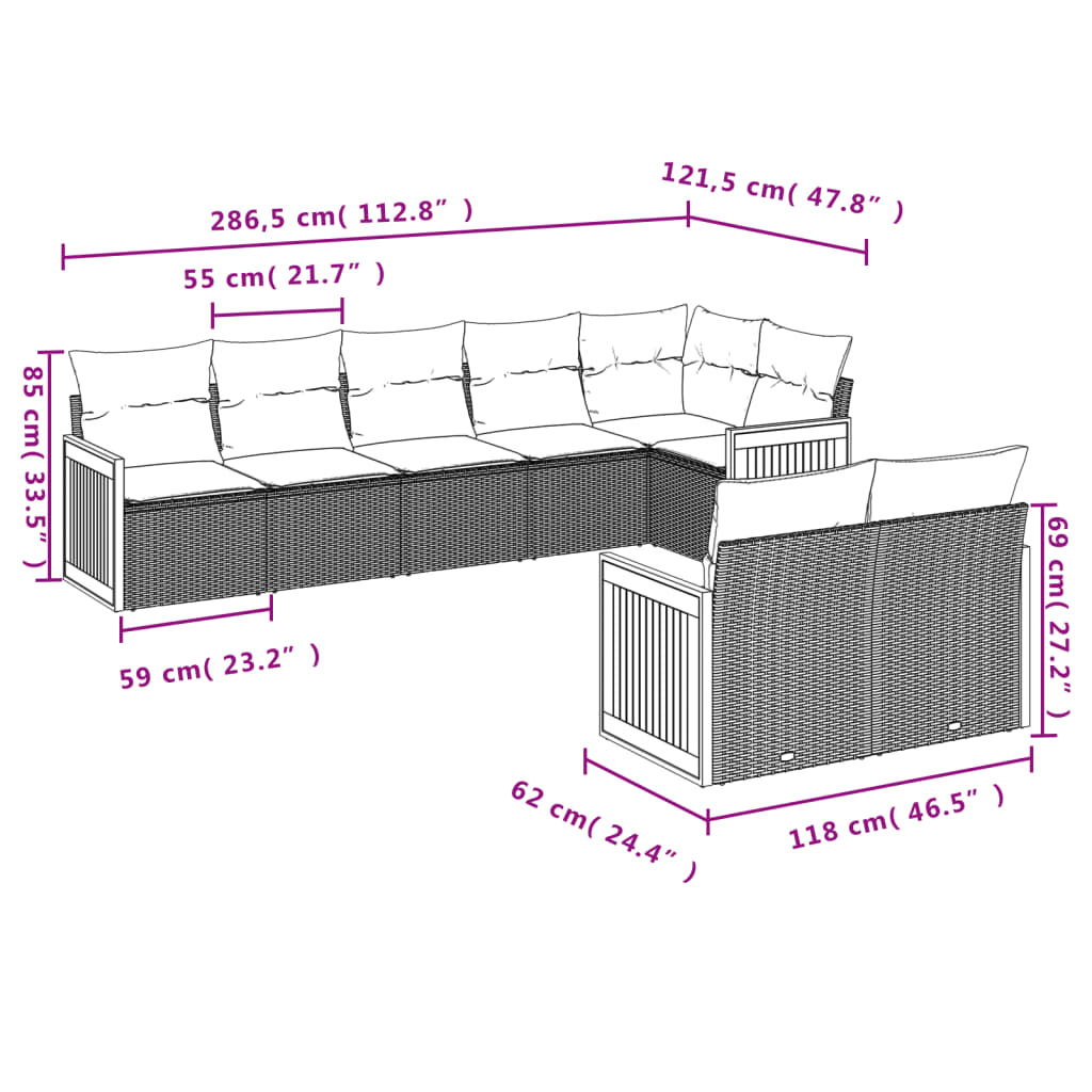 Set Divano da Giardino 8 pz con Cuscini Beige in Polyrattan | homemem39