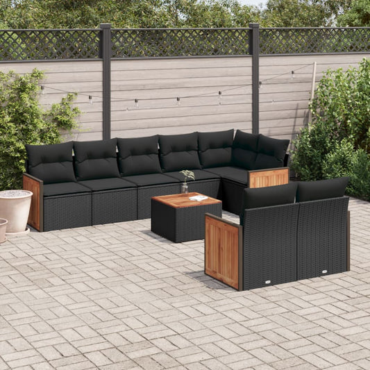 Set Divani da Giardino 9 pz con Cuscini Nero in Polyrattan - homemem39