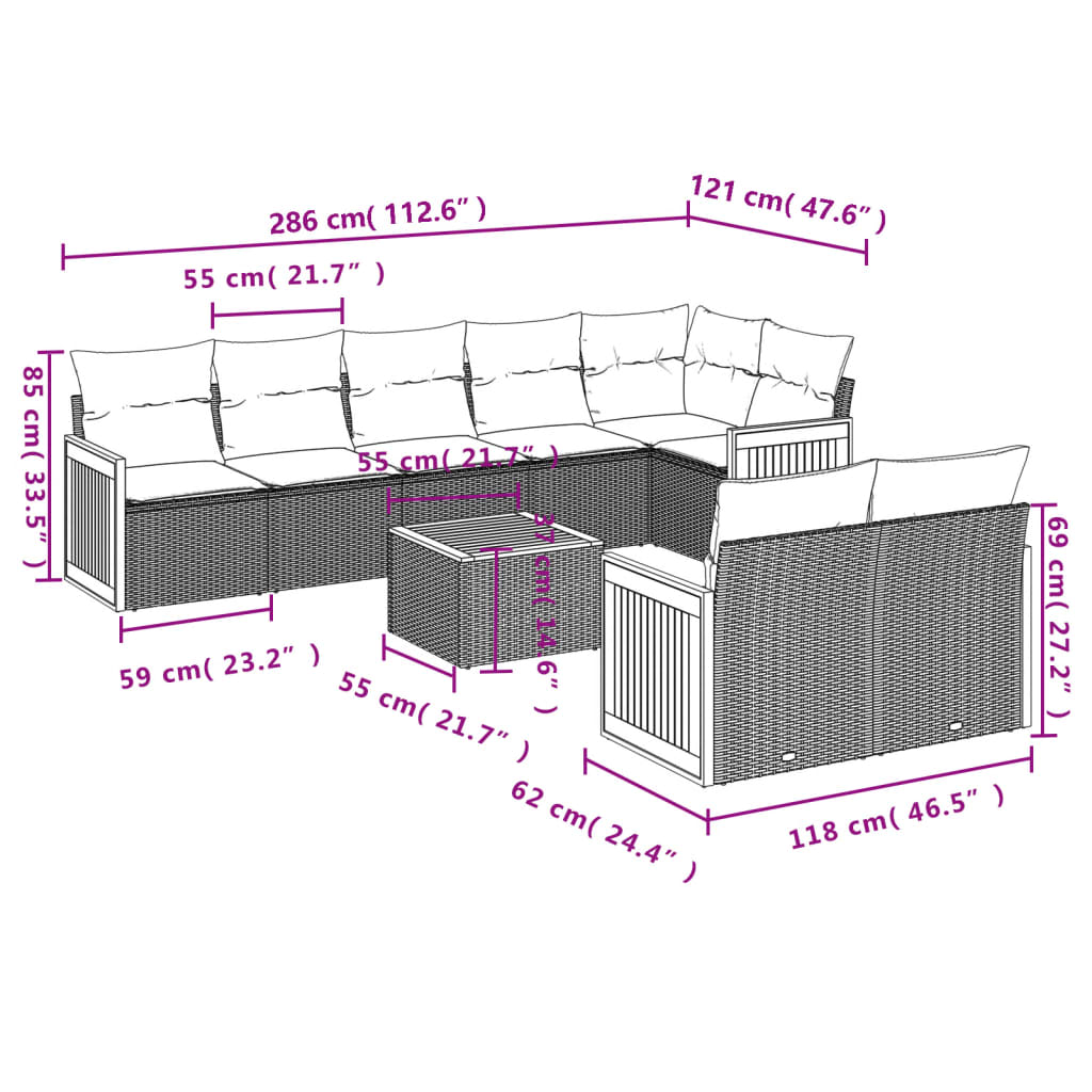 Set Divano da Giardino 9 pz con Cuscini Beige in Polyrattan | homemem39