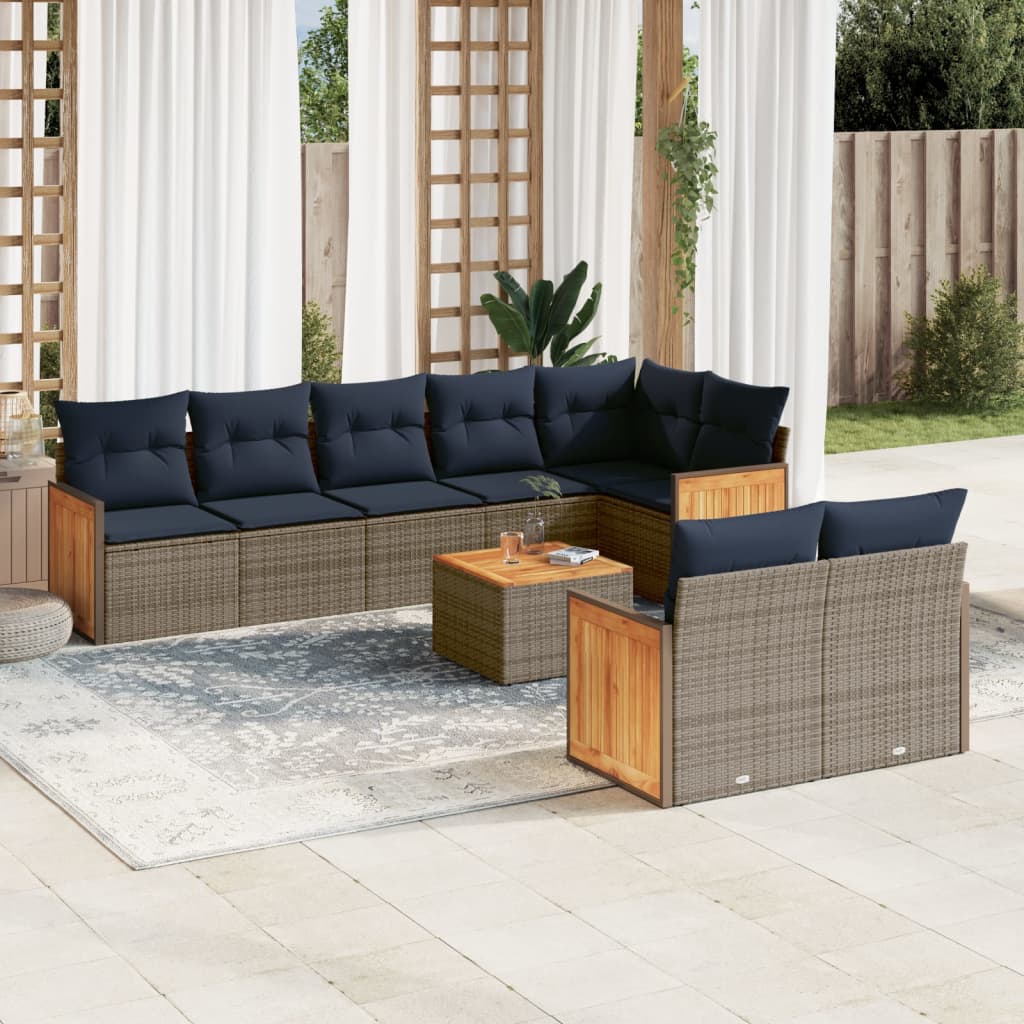 Set Divani da Giardino 9 pz con Cuscini Grigio in Polyrattan | homemem39