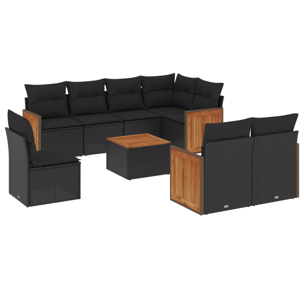 Set Divani da Giardino 9 pz con Cuscini Nero in Polyrattan - homemem39