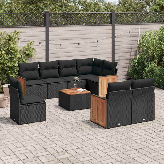 Set Divani da Giardino 9 pz con Cuscini Nero in Polyrattan | homemem39