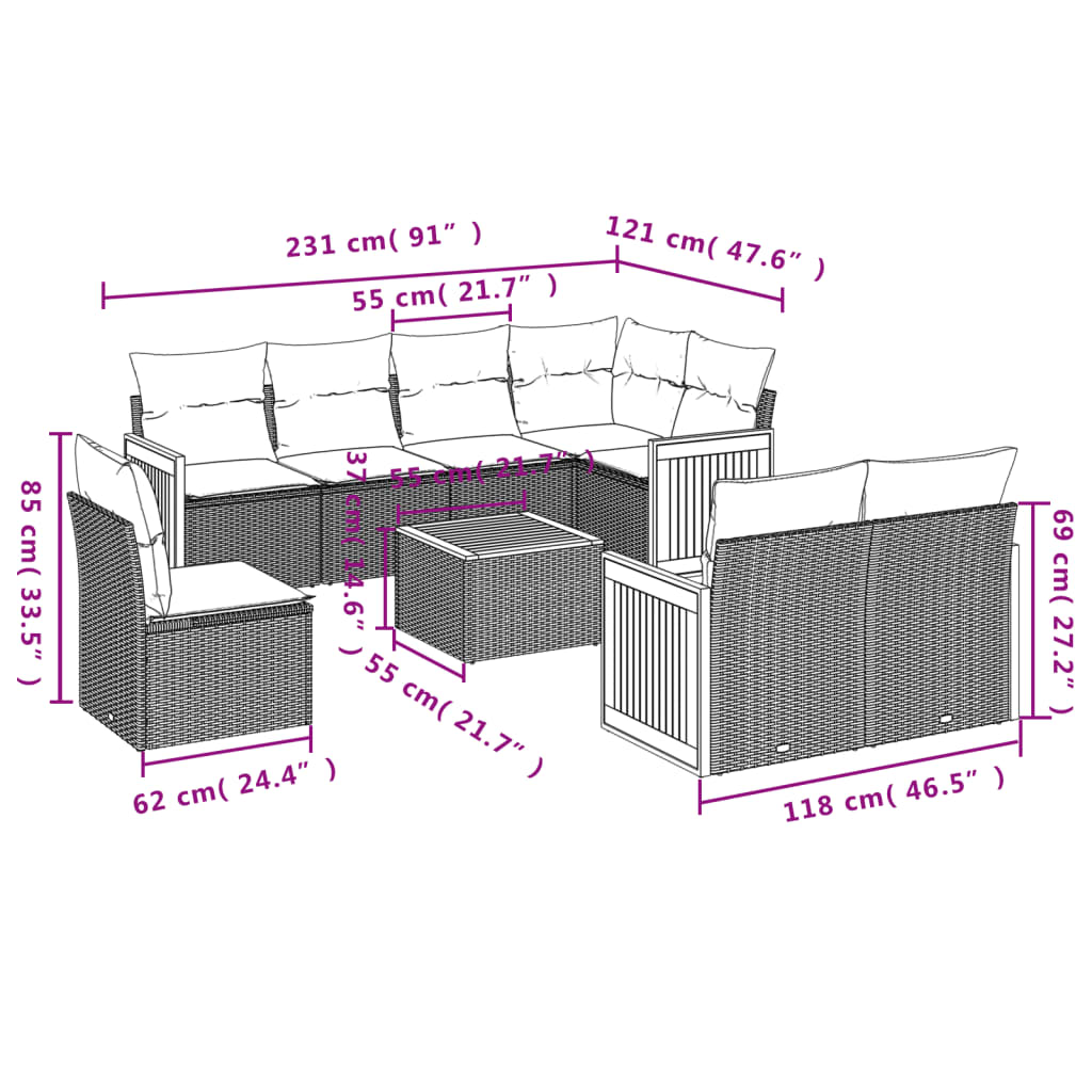 Set Divano da Giardino 9 pz con Cuscini Grigio in Polyrattan | homemem39