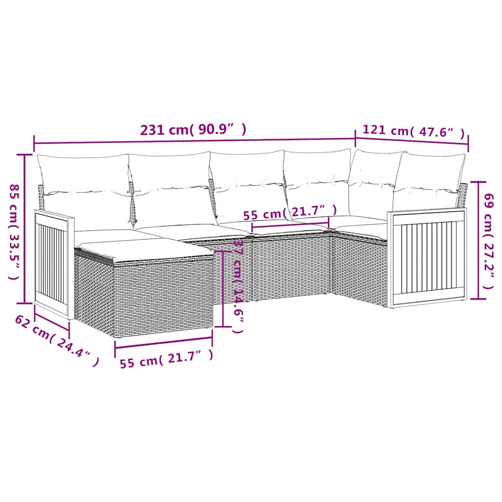 Set Divano da Giardino 6 pz con Cuscini Nero in Polyrattan | homemem39