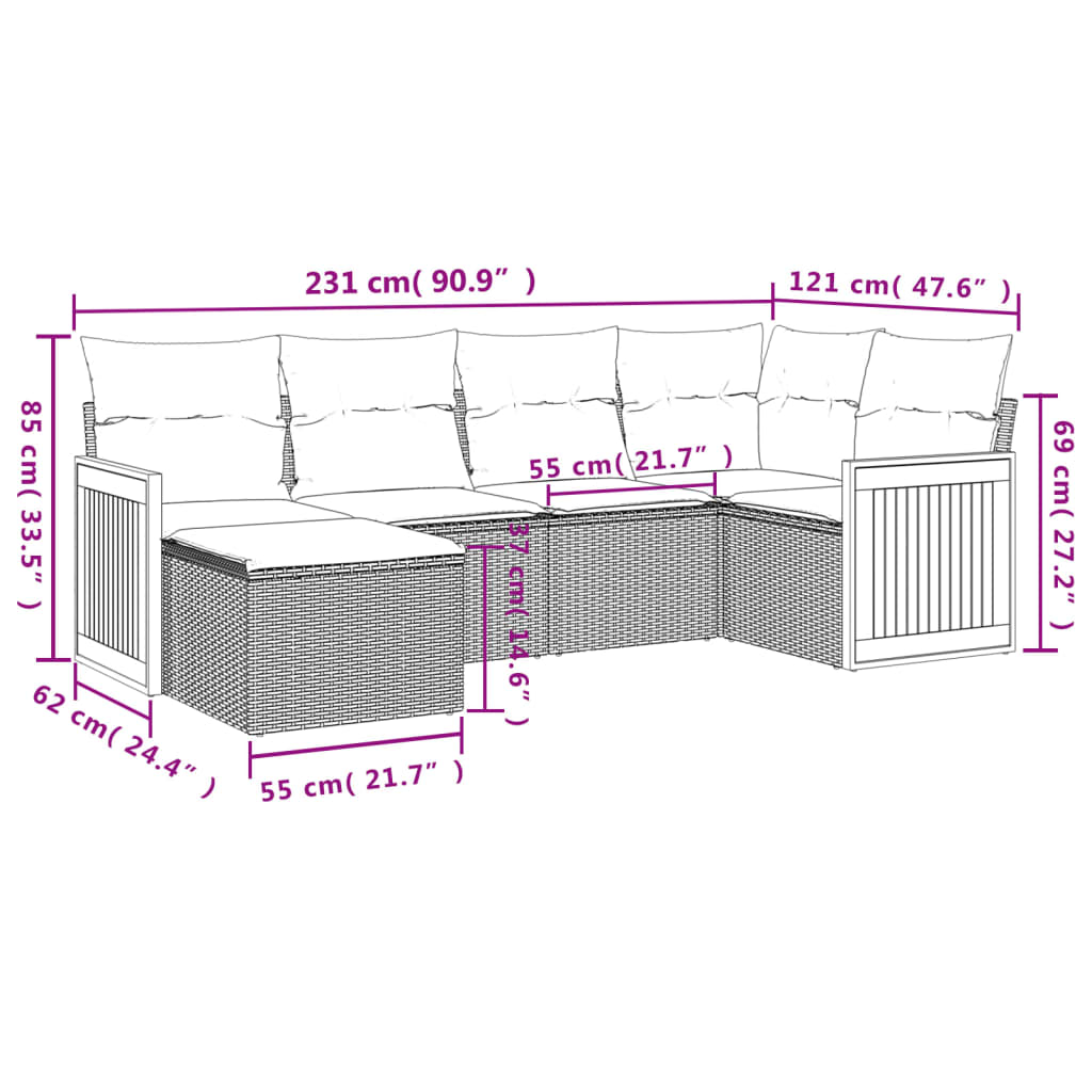 Set Divano da Giardino 6 pz con Cuscini Grigio in Polyrattan - homemem39