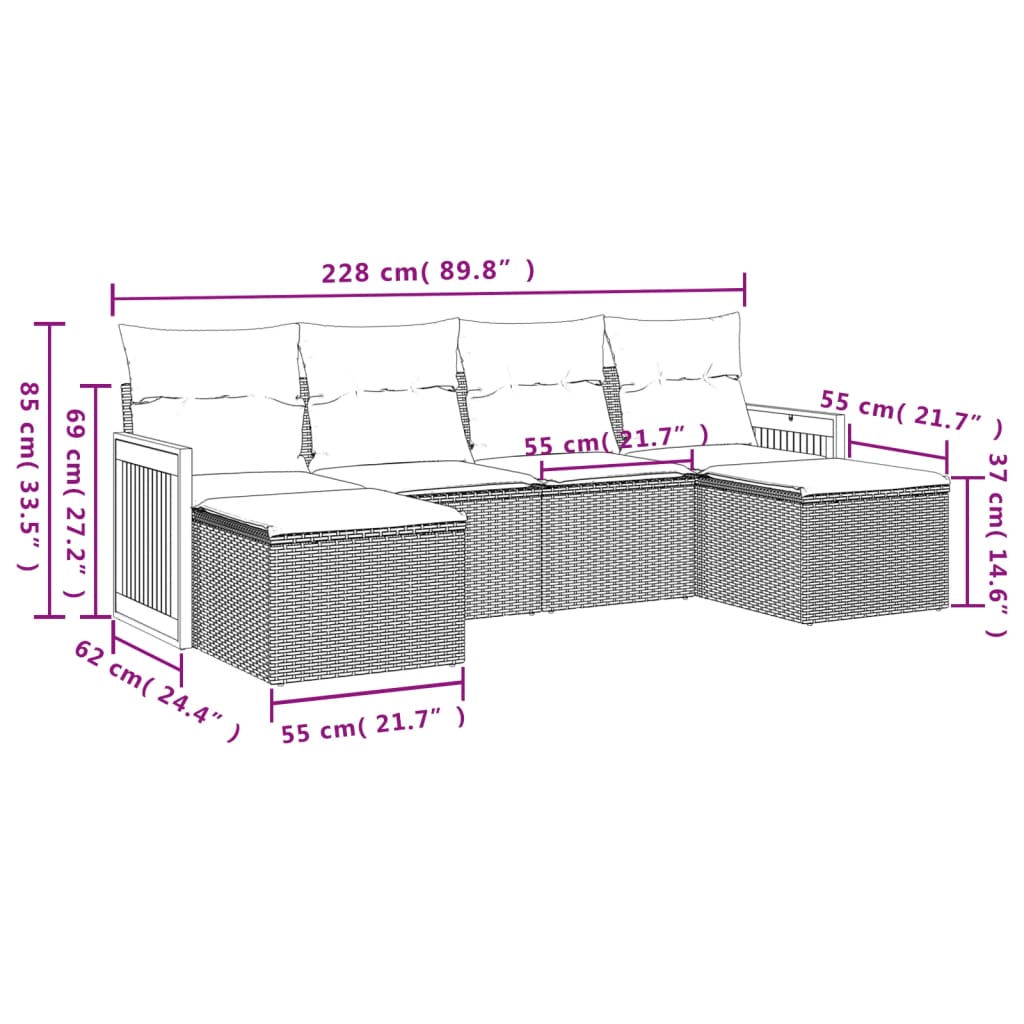 Set Divano da Giardino 6 pz con Cuscini Grigio in Polyrattan | homemem39