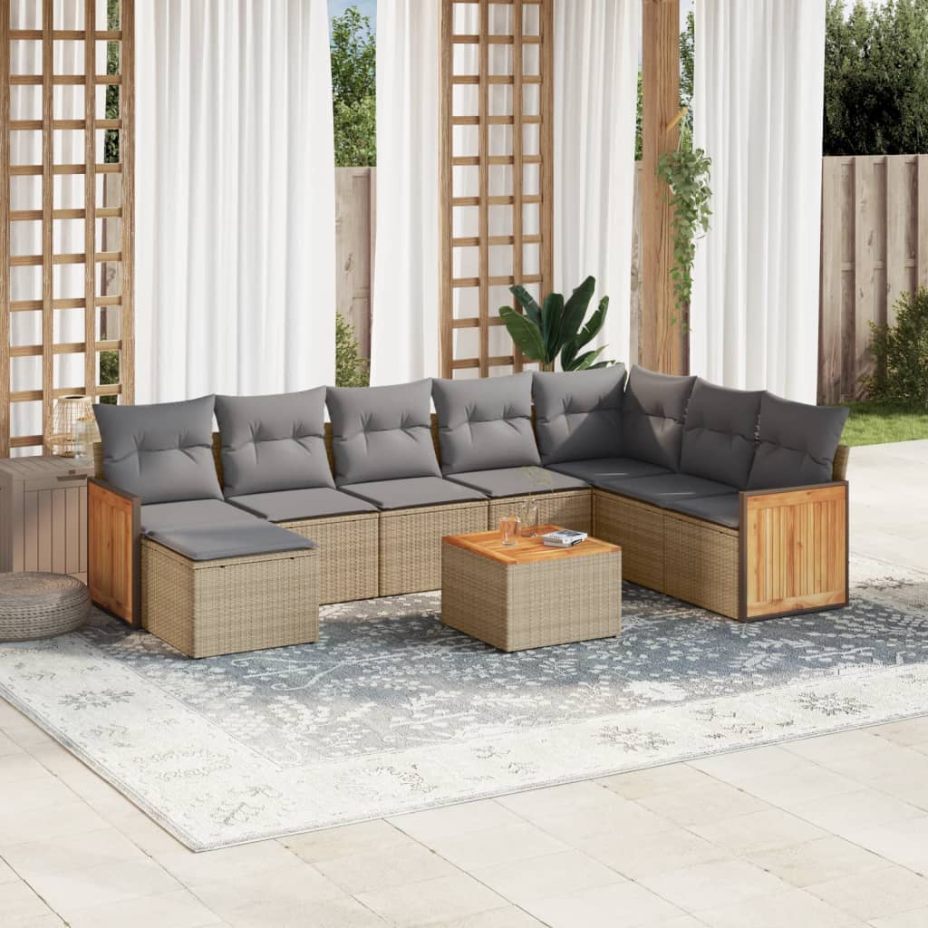 Set Divano da Giardino 9 pz con Cuscini Beige in Polyrattan - homemem39