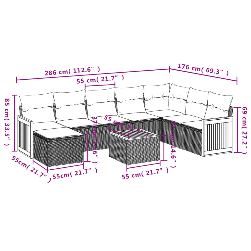 Set Divano da Giardino 9 pz con Cuscini Grigio in Polyrattan | homemem39