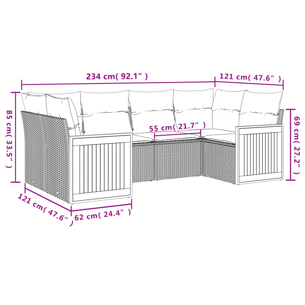 Set Divano da Giardino 6 pz con Cuscini Nero in Polyrattan | homemem39