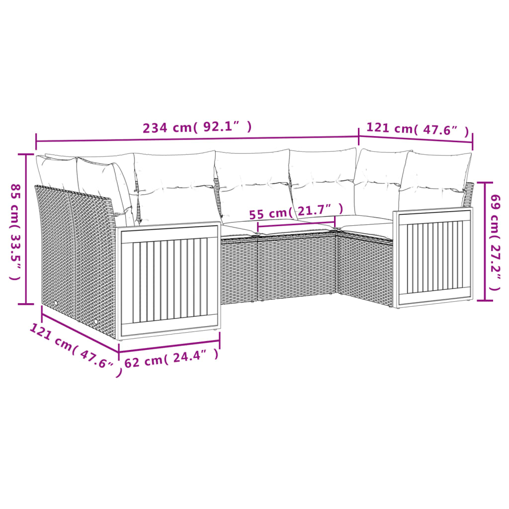 Set Divano da Giardino 6 pz con Cuscini Nero in Polyrattan | homemem39