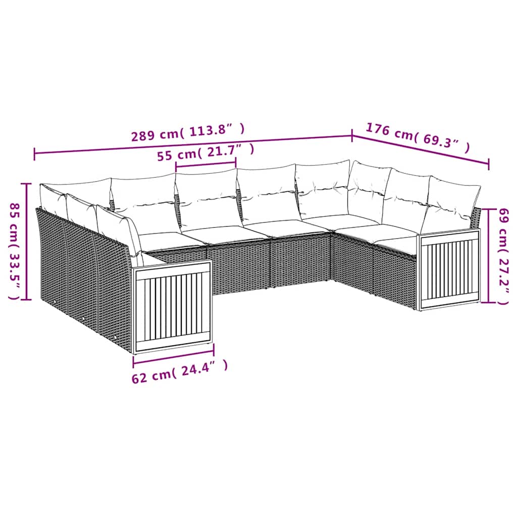 Set Divani da Giardino 9 pz con Cuscini Nero in Polyrattan | homemem39
