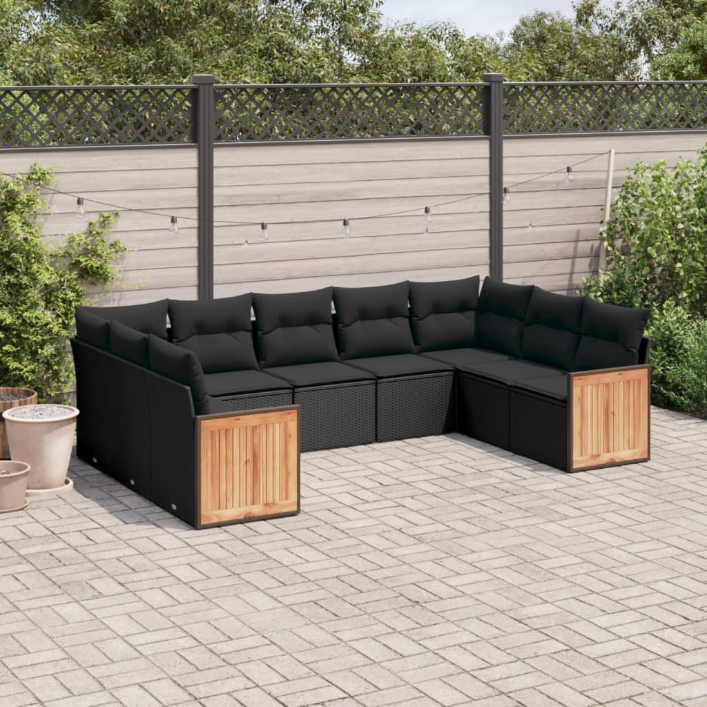 Set Divani da Giardino 9 pz con Cuscini Nero in Polyrattan - homemem39