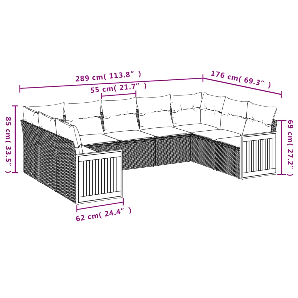 Set Divano da Giardino 9 pz con Cuscini Grigio in Polyrattan | homemem39