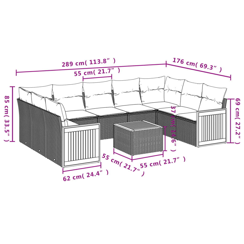 Set Divani da Giardino 10pz con Cuscini in Polyrattan Nero | homemem39